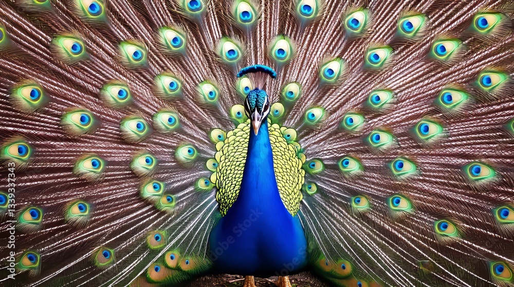 Obraz premium A proud peacock with iridescent feathers fanned out, creating a stunning display.
