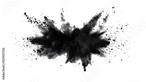 Explosive black powder burst against a white background. Closeup of black dust particles explode isolated on white background.	