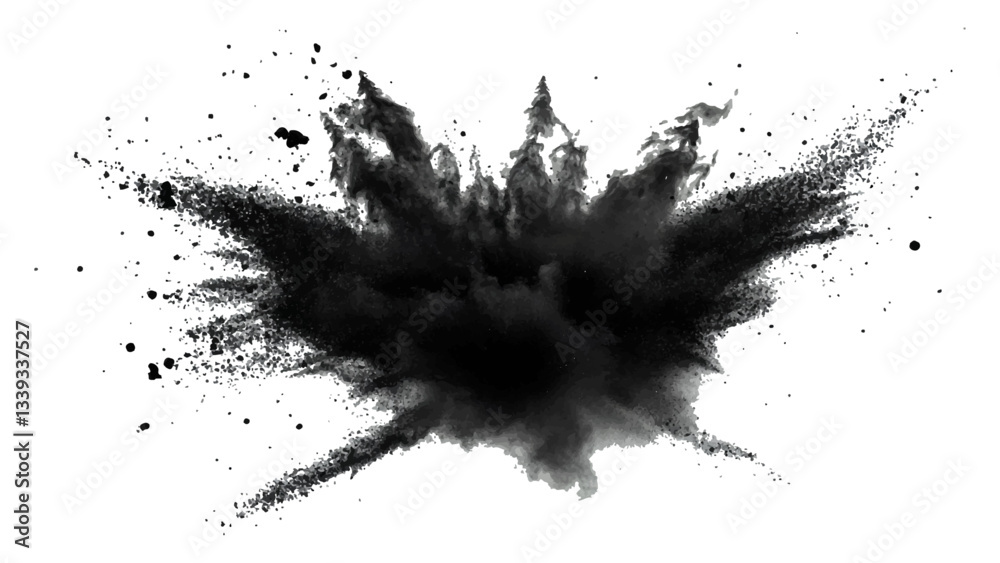 Fototapeta premium Explosive black powder burst against a white background. Closeup of black dust particles explode isolated on white background. 