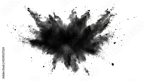 Explosive black powder burst against a white background. Closeup of black dust particles explode isolated on white background.	