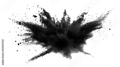 Explosive black powder burst against a white background. Closeup of black dust particles explode isolated on white background.	