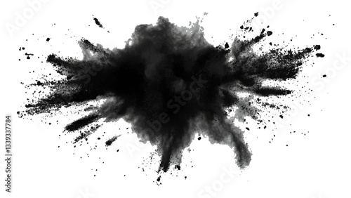 Explosive black powder burst against a white background. Closeup of black dust particles explode isolated on white background.	