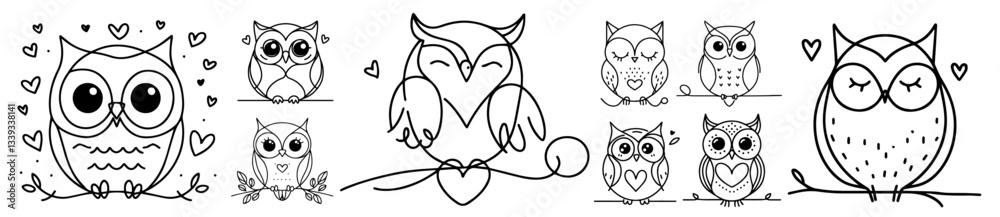cute hand drawn owl icons with hearts and playful expressions