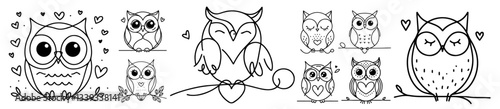 cute hand drawn owl icons with hearts and playful expressions
