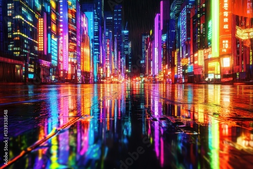 Wallpaper Mural A futuristic city street reflecting lights in the wet pavement at night Torontodigital.ca