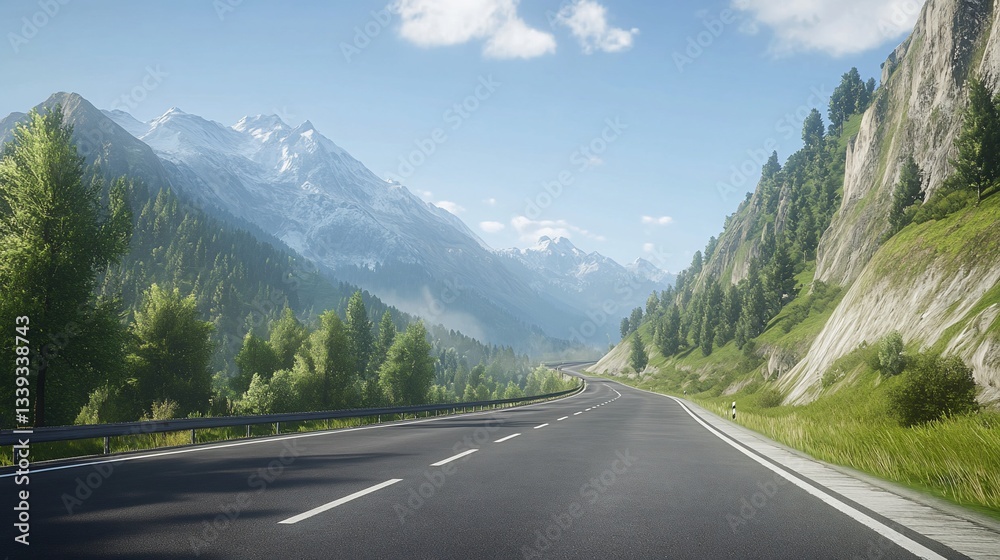 Scenic mountain road with lush greenery and snow-capped peaks. Scenic mountain road with lush greenery and snow-capped peaks.