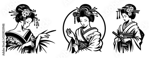 japanese geisha woman illustration set in hand drawn traditional style