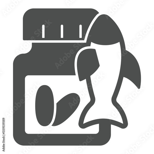 Omega capsules jar and fish solid icon, fatty acids concept. Vector graphics. Medicine sign on white background, glyph style icon for mobile or web design.