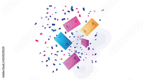 The image depicts several colorful gift cards seemingly floating against a white background.  The cards are rectangular and vary in color (pink, blue, yellow). Small, colorful confetti is dispersed