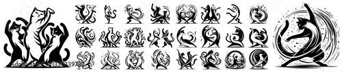 abstract tribal dance and animal totems in stylized monochrome engraving