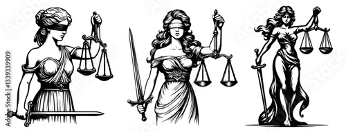 lady justice holding scales and sword black and white illustration set