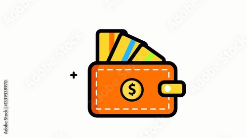 Orange wallet with cards and dollar sign suitable for finance, budgeting, savings, expenses, money management concepts in graphic design projects.