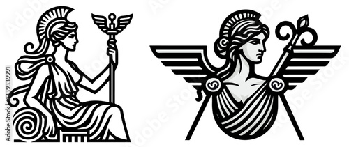 greek goddess with staff and wings in ancient mythological style