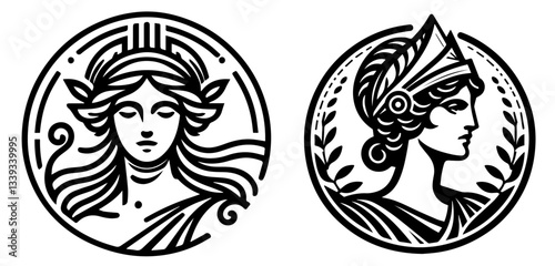 classical greek woman with olive branches in circle frame