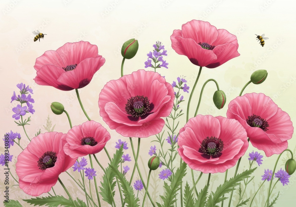 Fototapeta premium Beautiful pink poppies and lavender flowers with bees buzzing in a serene garden setting