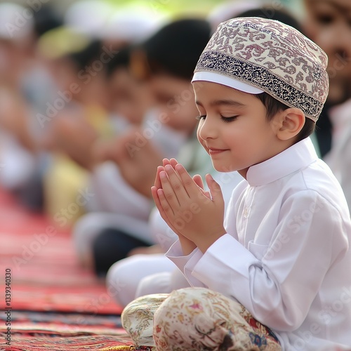 Young Child Performing Eid Prayer and Dua