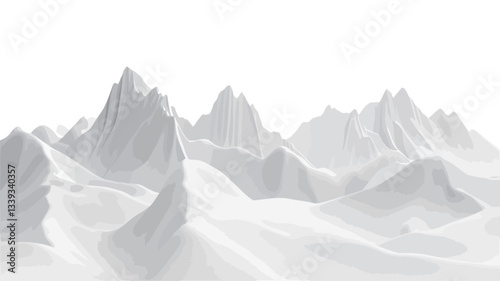 The image is a digital rendering of a mountain range depicted in shades of white against a white background. The mountains are stylized, with smooth, gently curving surfaces and sharply defined