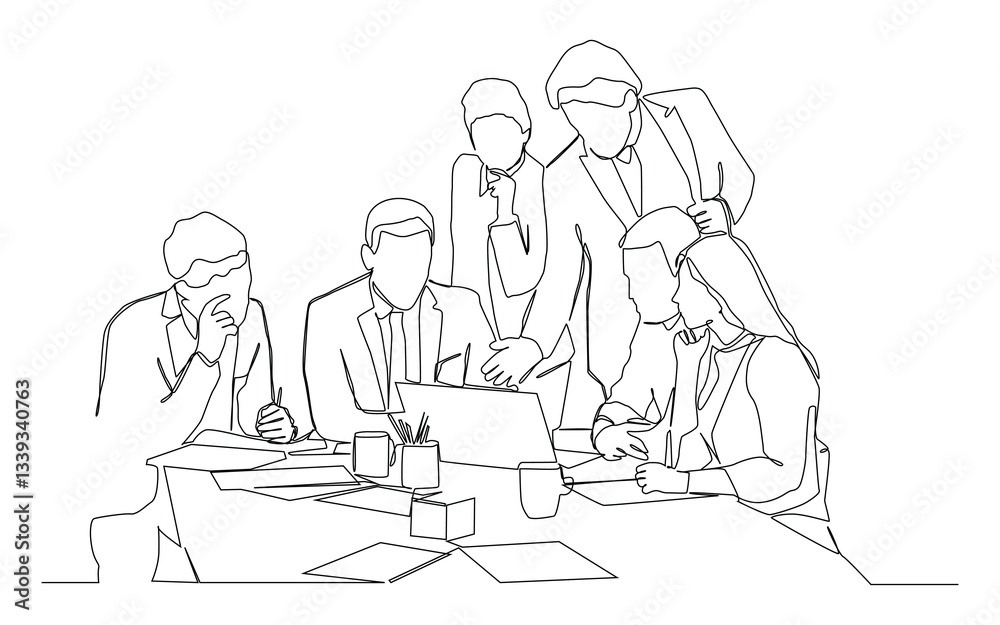Continuous one line art of office workers at business meeting. Continuous one line art of office workers at business meeting.