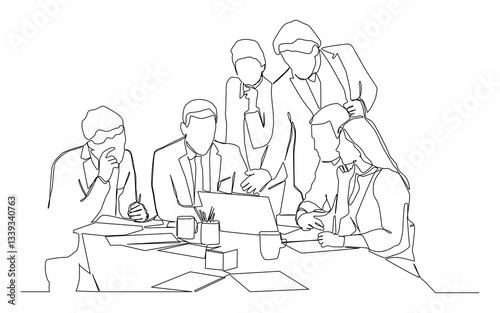 Continuous one line art of  office workers at business meeting.