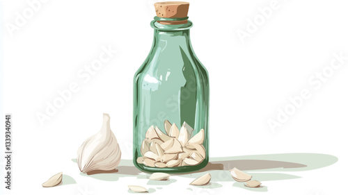 A digital painting or illustration depicts a light green glass bottle with a cork stopper. The bottle is partially filled with garlic cloves. A whole garlic bulb and several loose cloves are
