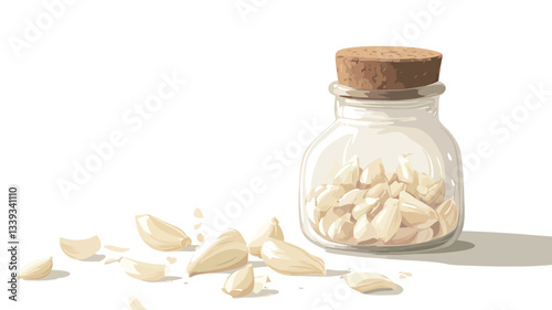 A digital illustration depicting a small, clear glass jar with a cork stopper, filled with garlic cloves. Several garlic cloves are scattered on a white background near the jar. The style is
