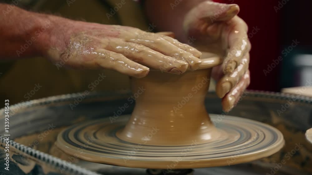 Close up unrecognizable Caucasian man guy small business owner potter craftsman male hands shaping wet clay mud on spinning circle rotating wheel making pottery artwork vase indoor workshop art studio Close up unrecognizable Caucasian man guy small business owner potter craftsman male hands shaping wet clay mud on spinning circle rotating wheel making pottery artwork vase indoor workshop art studio