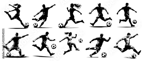 soccer players running and kicking ball vector silhouette shape black outline