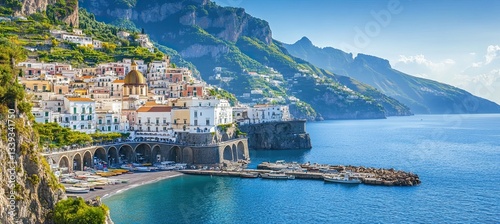 A breathtaking panoramic view of Amalfi, nestled on hills sloping toward the coast in Campania, Italy. The Amalfi Coast is Europe's most sought-after travel and holiday destination