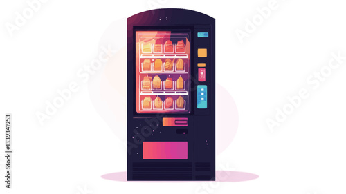 An illustration of a modern vending machine. The machine is depicted in a dark color with a vibrant, gradient display showing various items. The design is clean and minimalist with a focus on the