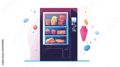 The image is a digital illustration of a vending machine. The machine is depicted in a dark purplish-blue color with a transparent section displaying various food and drink items such as bread,