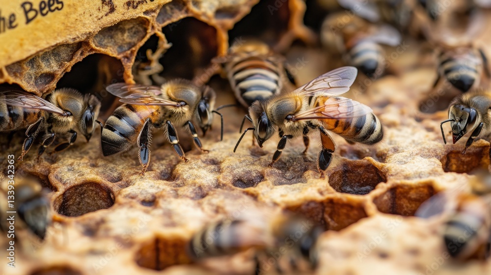 Close-Up of Bees on Honeycomb in a Beehive Setting Close-Up of Bees on Honeycomb in a Beehive Setting