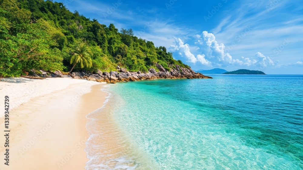 Fototapeta premium A remote tropical island with white sand beaches and crystal-clear blue waters. 