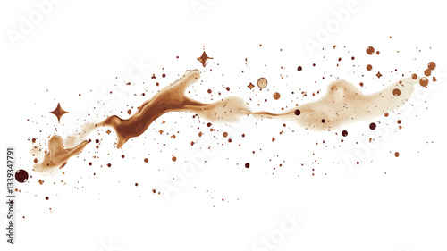 High-resolution close-up image of a coffee splash against a pure white background. The splash is predominantly brown and beige, showing varying shades of intensity. The liquid is dynamically