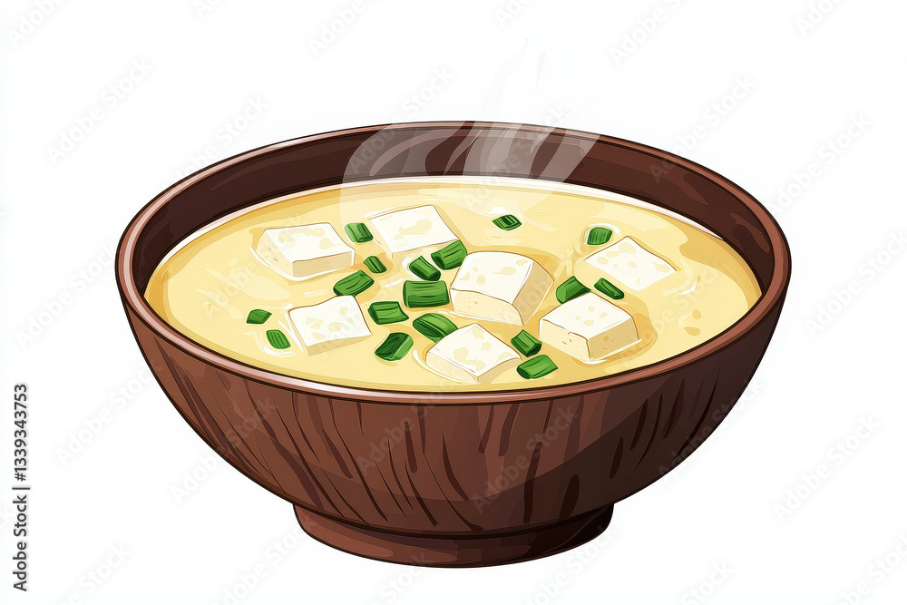 A steaming bowl of tofu soup garnished with green onions, served in a wooden bowl, showcasing a comforting and flavorful dish. A steaming bowl of tofu soup garnished with green onions, served in a wooden bowl, showcasing a comforting and flavorful dish.