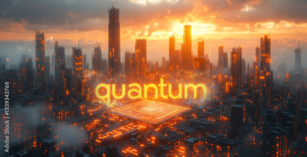 Fototapeta premium A vibrant city skyline displays advanced quantum technology amid towering buildings.