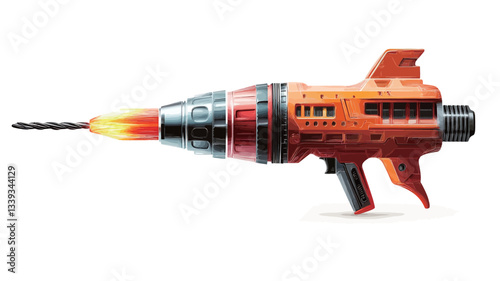A digital illustration of a futuristic drill shaped like a rocket. The drill is predominantly orange and red with black accents. It has a long, cylindrical body with a drill bit at the front and a