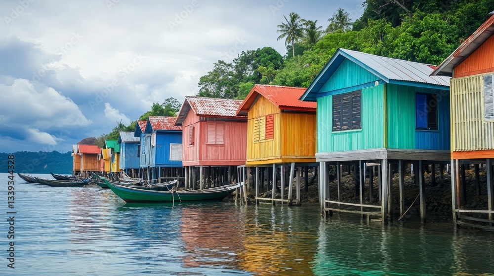 A row of colorful fisherman huts along a coastal village. A row of colorful fisherman huts along a coastal village.