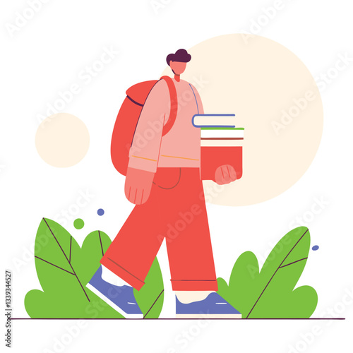 Student with backpack and books walking through greenery, symbolizing education and learning journey. Vector illustration