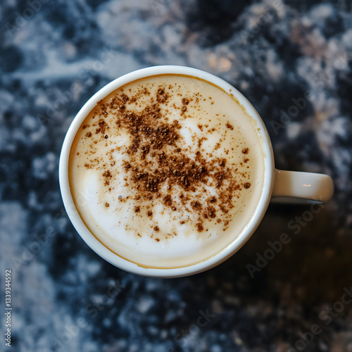 A top view of a creamy coffee cup with a sprinkle of cinnamon on a textured dark surface