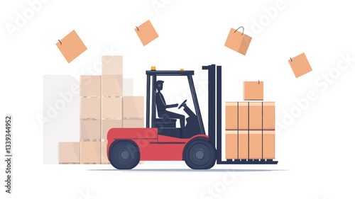 The illustration depicts a red forklift carrying a stack of cardboard boxes.  The forklift operator is shown as a simple silhouette. Several additional boxes are depicted in the air around the