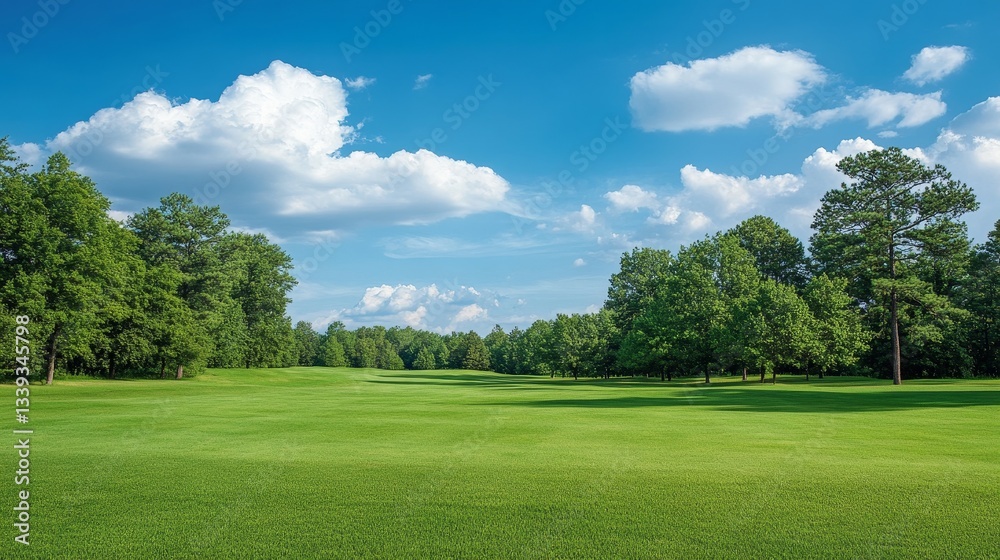 Expansive green golf course under a vibrant blue sky with fluffy clouds and lush trees Expansive green golf course under a vibrant blue sky with fluffy clouds and lush trees