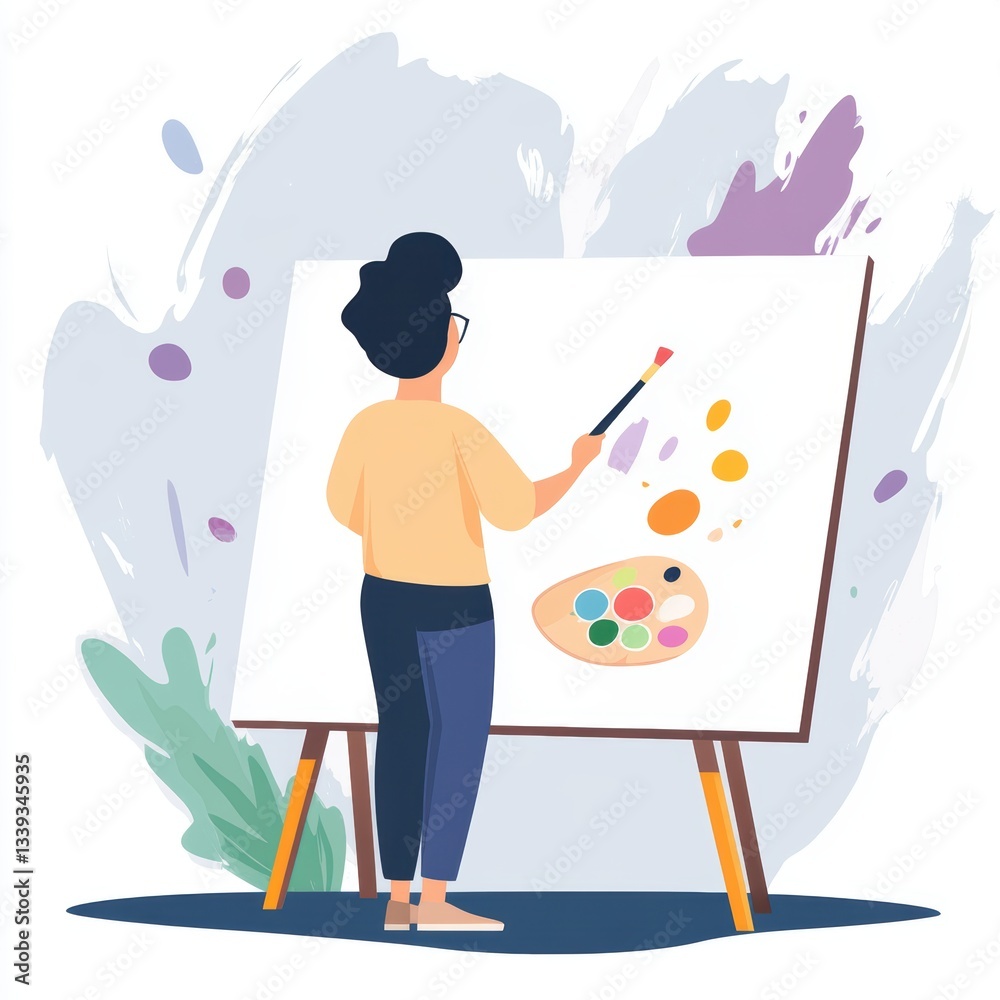 Fototapeta premium Illustration of an artist painting on a canvas with soft abstract strokes.