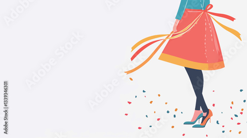 A stylized illustration of a woman's lower body. She is wearing a coral-colored skirt with a yellow trim, black tights, and teal shoes.  She holds long, colorful ribbons that trail behind her, with