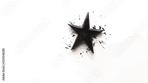 High-angle, close-up view of a black, five-pointed star lying on a white background.  The star appears to be made of a material that has shattered or broken, with small black fragments scattered