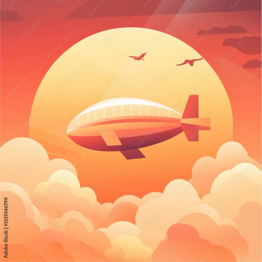 Fototapeta premium A large airship floating above the clouds at sunset.