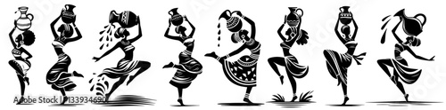 african women dancing with pots vector silhouette shape black outline