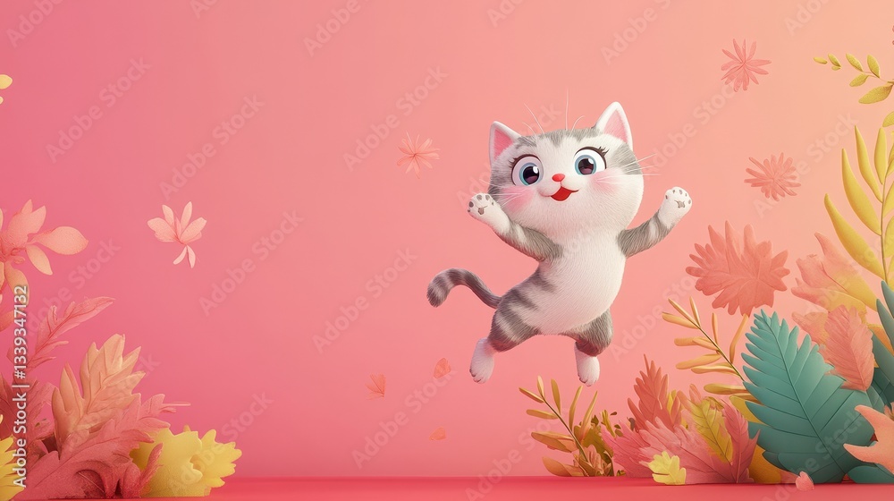 An adorable cartoon cat is jumping happily amid colorful flora An adorable cartoon cat is jumping happily amid colorful flora