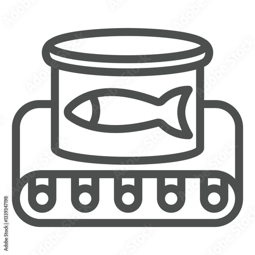 Canned fish on conveyor belt line icon, fishery production concept. Vector graphics. Fishing product jar sign on white background, outline style icon for mobile or web design.