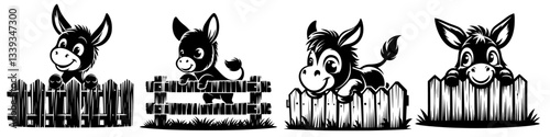cartoon donkeys behind wooden fence