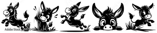 funny donkeys cartoon black and white illustration set